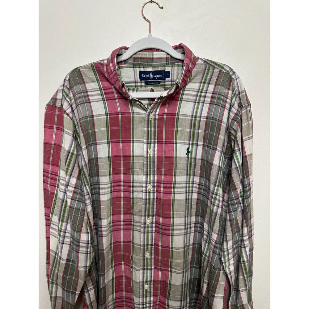 Ralph Lauren Men’s Large 100% Cotton Madras Plaid Button Down Shirt Preppy Pony